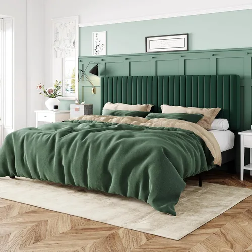 Miniatura 24 de Allewie - Base de cama tamaño King con cabecera acolchada tapizada en terciopelo y diseño acanalado vertical ajustable; plataforma de cama con base