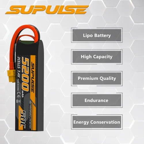 Miniatura 7 de SUPULSE Batería Lipo de 7.4 V 2S 5200mAh 50C RC Batería con enchufe XT60 para avión RC Barco RC Truck RC (2 paquetes)