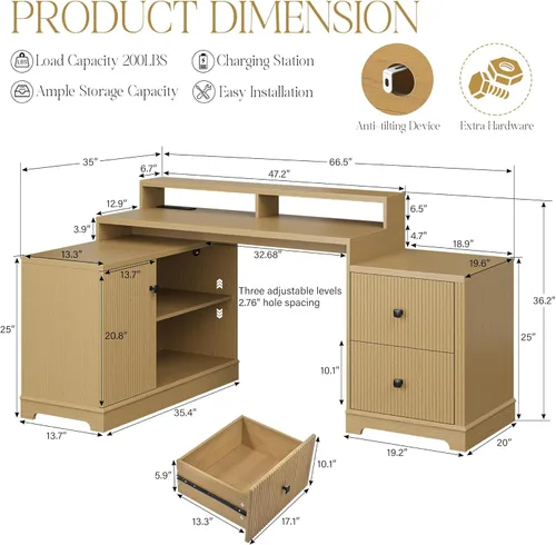 Miniatura 2 de 67" L Shaped Executive Desk with Drawers & Storage Shelf, Corner Computer Desk with Power Outlets, Home Office Desk with Monitor Stand, Printer