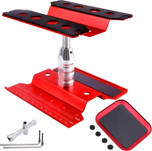 Soporte de trabajo para auto a control remoto, estación de trabajo de reparación de aluminio, rotación de 360 grados, inferior con bandeja de Rojo