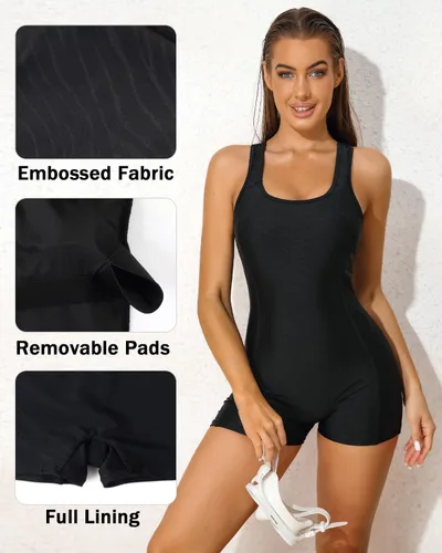 Miniatura 111 de beautyin - Traje de baño para mujer, traje de baño aeróbico y de competición de una pieza, estilo pantalón corto