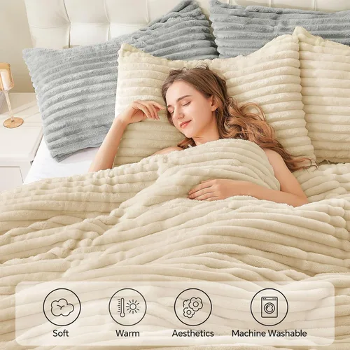 Miniatura 3 de BEDELITE - Juego de edredón de forro polar tamaño individual: ropa de cama supersuave y cálida en color beige, juego de cama de lujo esponjoso