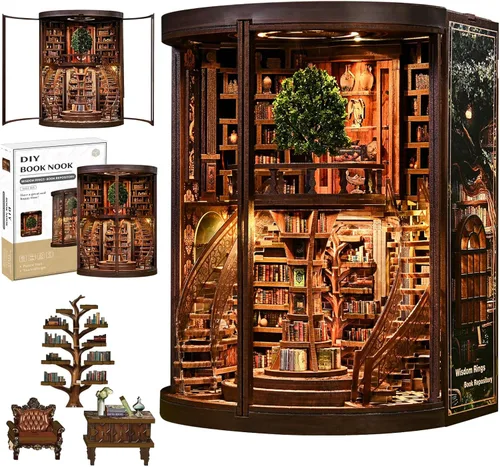 ACOCO Kit de rincón de libro de biblioteca clásica, rompecabezas de madera 3D con luz LED, decoración de estantería en miniatura, regalo de