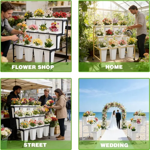Miniatura 9 de Soporte de exhibición de flores de metal de 3 niveles, carrito móvil resistente para plantas de flores con 12 cubos y ruedas con bloqueo, estante