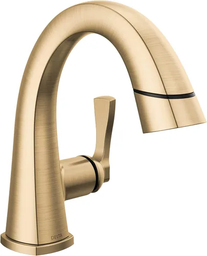 Grifo Delta Stryke abatible para baño, grifo extraíble para baño, grifo de baño dorado de un solo orificio con rociador abatible, grifo de lavabo de