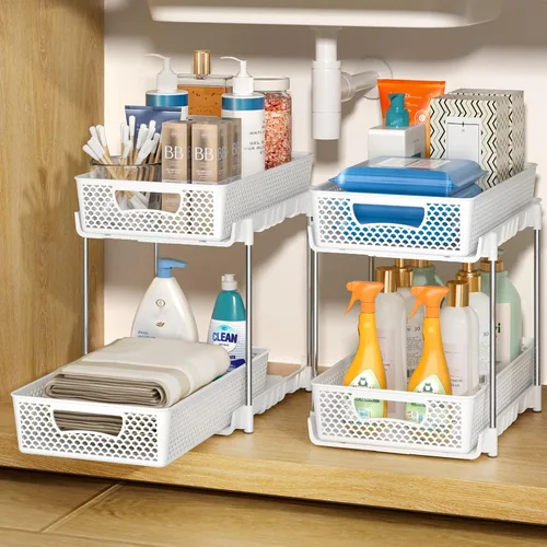DABIGE Paquete de 2 organizadores de baño extraíbles y almacenamiento, organizador de almacenamiento apilable de 2 niveles para baño, gabinete de