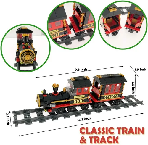 Miniatura 3 de Bloques de construcción, 583 piezas, juego de tren clásico con construcción de estación, ladrillo educativo, juguetes de aprendizaje para niños