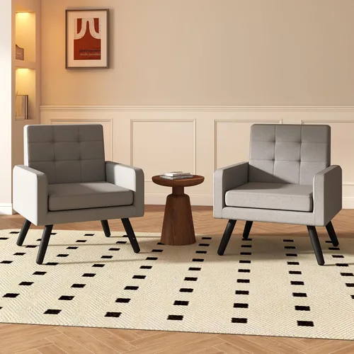 Miniatura 6 de Juego de 2 sillas decorativas para sala de estar, sillón tapizado moderno y cómodo de mediados de siglo con asiento grande, sofá individual, silla