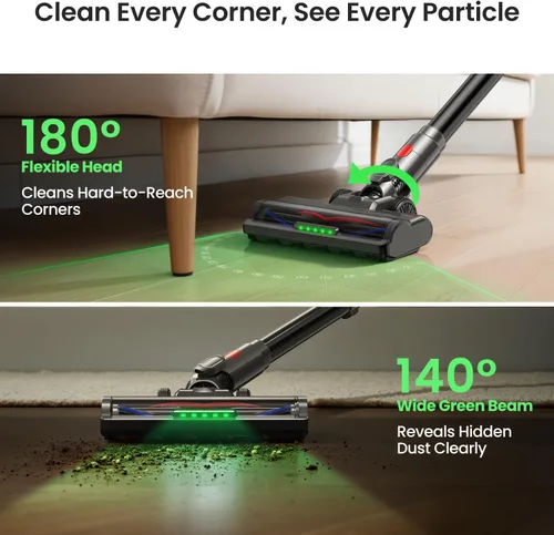Miniatura 10 de Xlife Aspiradora inalámbrica de 45 KPa 550 W para pelo de mascotas y multisuperficie, luz verde, revelar polvo, filtro HEPA de 7 etapas, largo