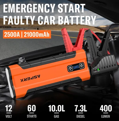 Miniatura 2 de ASPERX AX2500 Arrancador de Batería, Arrancador de Batería de 21000mAh 2500A para Motores de Gasolina de hasta 10L o Diésel de 7.3L, Potenciador