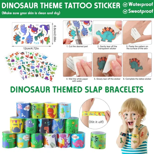 Miniatura 6 de Qilery 195 piezas de 16 invitados de dinosaurio para fiestas de cumpleaños para niños, incluye taza de plástico con tapa, pajita, llavero, pulsera
