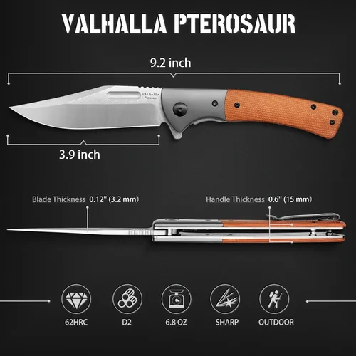 Miniatura 5 de VALHALLA PTEROSAUR EDC - Cuchillo plegable de bolsillo, hoja de acero D2 de 3.9 pulgadas con mango de micarta, cuchillo plegable táctico para Marrón