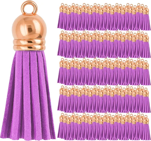 Miniatura 112 de Mandala Crafts 100 borlas de gamuza sintética color aguamarina con tapa dorada, suministros para hacer llaveros a granel, pequeñas borlas de cuero
