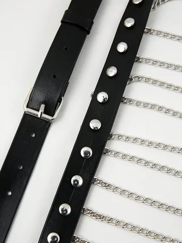 Miniatura 5 de Ayliss Cinturón de cadena de cintura punk para mujer, borla de metal, piel sintética, vintage, rockero, cinturón de vestir para jeans, pantalones