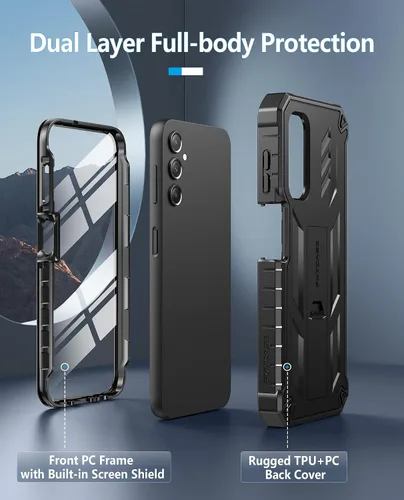 Miniatura 7 de FNTCASE Funda para Samsung Galaxy A14-5G: Funda de TPU resistente con textura de doble capa a prueba de golpes con soporte Protección contra Negro