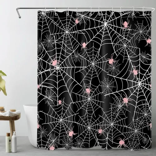 EOBTAIN Cortina de ducha de Feliz Halloween para baño, arañas rosas aterradoras con telaraña sobre negro, cortina de ducha farbic con 10 ganchos,