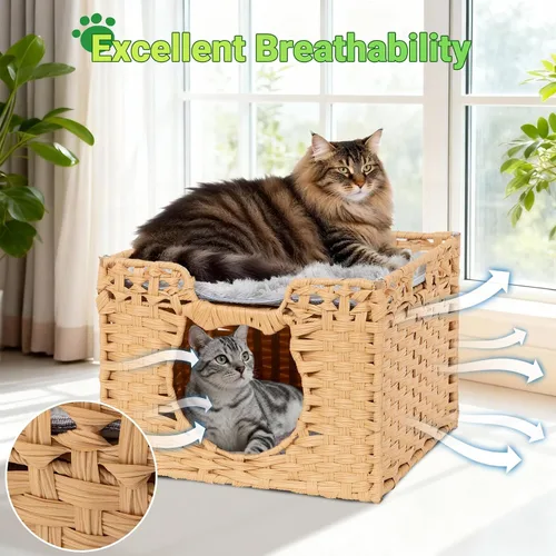 Miniatura 3 de Cueva de ratán tejida a mano para gatos con dos cojines, camas para gatos, casa de gatitos interior, impermeable y plegable, color blanco, 16.5