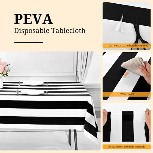 Miniatura 4 de Paquete de 10 manteles rectangulares de plástico a rayas negras, impermeables, desechables de 54 x 108 pulgadas, manteles desechables de carnaval