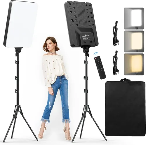 Paquete de 2 luces LED de video de 24 pulgadas, iluminación de fotografía regulable de 2800-7500K con control remoto y soporte de 75 pulgadas, luces