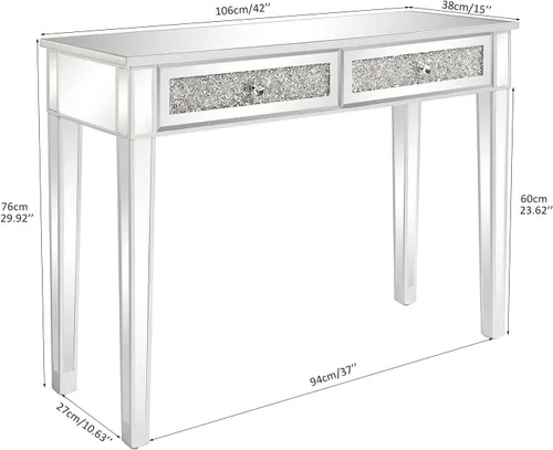 Miniatura 2 de Henf Escritorio de tocador con espejo para dormitorio, mesa de tocador de maquillaje, mesa de sofá con 2 cajones de diamantes sintéticos, moderno