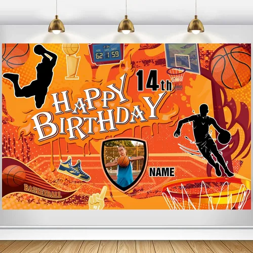 Cartel personalizado de decoración de cumpleaños con temática de baloncesto de 14 años, pancarta de tela personalizada para suministros de fiesta de