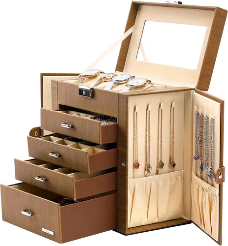 Homde Caja de joyería enorme de cuero sintético, organizador de reloj con espejo, collar, anillo y aretes, caja de regalo con cerradura (marrón)