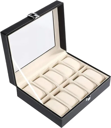 GUKA Caja de reloj con 10 ranuras organizador de cristal real con cuero sintético para hombres y mujeres
