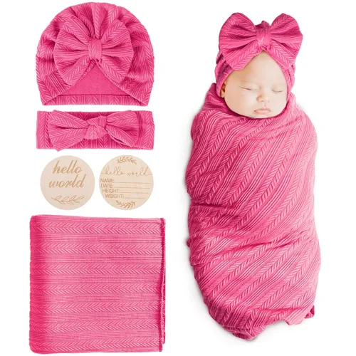 Miniatura 11 de DRESHOW BQUBO Mantas envolventes para bebés niñas, juego de 4 accesorios para recién nacidos con gorro a juego y cinta con moño con tarjeta de 1