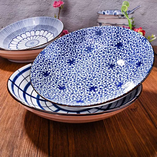Miniatura 5 de Juego de 4 platos japoneses de cerámica blanca y azul de 8 pulgadas, platos grandes para aperitivos, pasta, postres y ensaladas, microondas, horno
