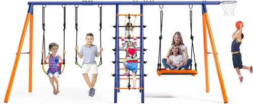Miniatura 8 de Juego de columpios para patio trasero - Juego de patio de juegos 6 en 1 de servicio pesado de 550 libras, columpio platillo mejorado para niños al