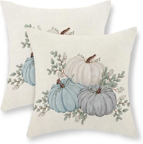 Miniatura 40 de Juego de 2 fundas de almohada de otoño de 16 x 16 pulgadas, diseño de calabaza azul y naranja, decoración de Acción de Gracias, decoración de otoño