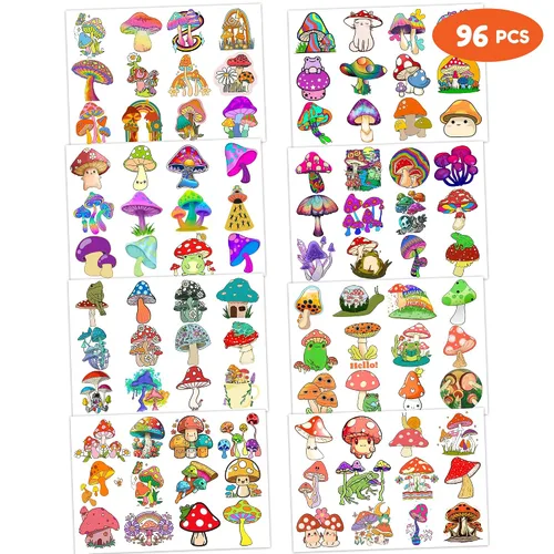 Miniatura 3 de 96 tatuajes temporales para niños, bonitos diseños de hongos, vegetales y plantas de bosque trippy, calcomanías falsas impermeables para niños