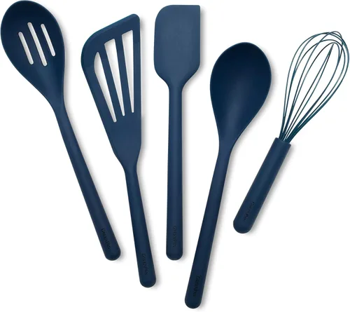 GreenPan Juego de utensilios de cocina de silicona de 5 piezas, cuchara ranurada y sólida, volteador, espátula, batidor, herramientas de cocina Azul