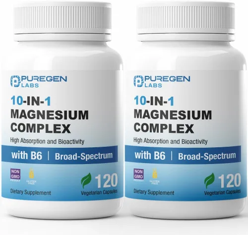 Miniatura 8 de Puregen Labs Complejo de magnesio 10 en 1 de 500 mg con cápsulas vegetales B6-120 [alta absorción y bioactividad] Sin OMG, sin gluten ni lácteos