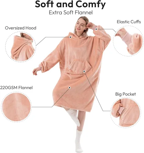 Miniatura 2 de Sioloc - Manta con capucha ponible para mujeres/niños/hombres, sudadera con capucha extragrande y acogedora forrada en sherpa (rosa, larga)