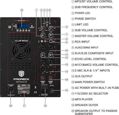 Miniatura 3 de PRORECK Club 8000 juego de sistema de audio de 18 pulgadas y 8000W P.M.P.O estéreo para DJ/altavoces PA alimentados, conjunto de 6 altavoces