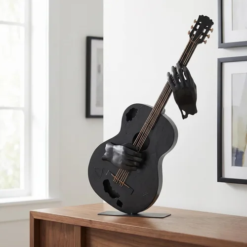 Miniatura 4 de SunBlogs Art - Decoración de guitarra de metal de 23 pulgadas de alto, escultura musical hecha a mano (negro) Hand-painted Metal Statue, Western