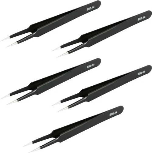 Miniatura 7 de Aoje-Link ESD-10 - Pinzas profesionales con tecnología de precisión antiestática, punta recta no magnética, revestimiento de plástico de acero