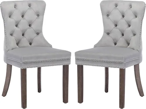 Miniatura 15 de KCC Nikki Collection - Juego de 4 sillas de comedor de terciopelo tapizadas de alta gama con anillo trasero de clavo, patas de madera maciza