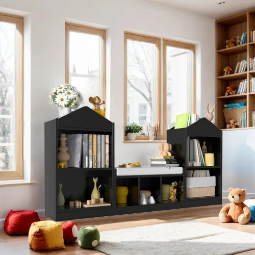 Miniatura 5 de MHOM Estantería infantil de 68.9 pulgadas con rincón de lectura, organizador de almacenamiento de juguetes con cojín de asiento y 7 cubos