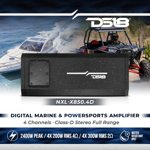 Miniatura 2 de DS18 Hydro NXL-X850.4D Amplificador marino impermeable de 4 canales, clase D, rango completo a 4 ohmios, 250 x 4 RMS 2400 vatios de pico, ideal