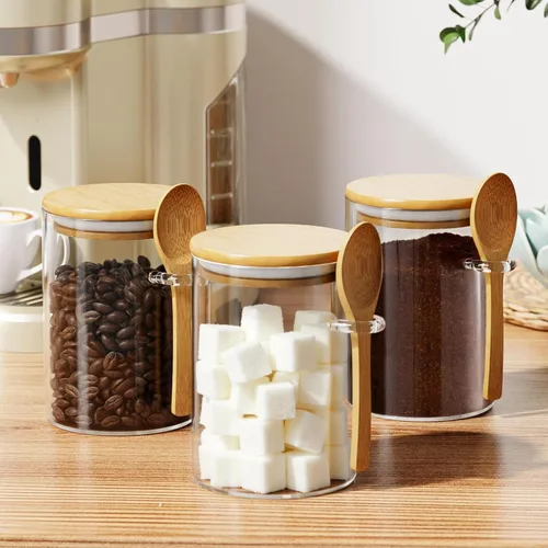 Miniatura 3 de Recipiente de vidrio para azúcar con cuchara, 1 paquete de tarros de vidrio de 15 onzas con tapa y cuchara de bambú, recipientes de almacenamiento