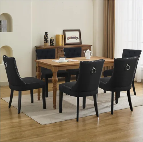 Miniatura 18 de Juego de 4 sillas de comedor tapizadas copetudas, sillas laterales de tela para comedor con cabeza de clavo en la parte trasera y patas de madera