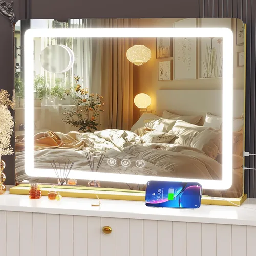 Miniatura 10 de Gvnkvn Espejo de tocador de maquillaje con puerto de carga USB de 19 pulgadas de largo x 24 pulgadas de ancho, espejo de maquillaje LED, espejo