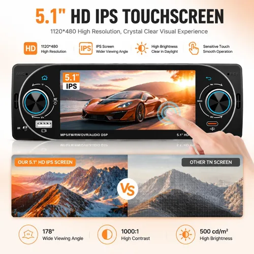 Miniatura 6 de Estéreo inalámbrico para automóvil de 5.1 pulgadas, Apple CarPlay, Android Auto, pantalla táctil IPS, Bluetooth 5.2, FM/AM/RDS, carga rápida USB