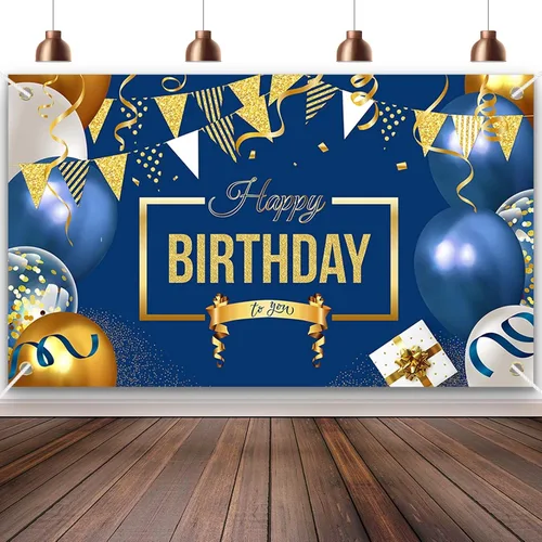 Cartel de decoración de feliz cumpleaños, globos grandes azul marino y dorado, póster temático para niños, hombres y mujeres, cartel de celebración