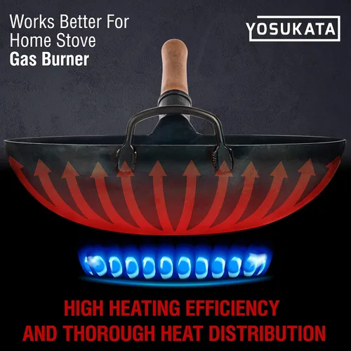 Miniatura 4 de YOSUKATA Sartén Wok de fondo redondo azul – 14 pulgadas con juego de utensilios de wok pre-sazonados – Espátula azul de acero al carbono de 17