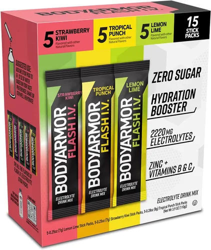 Miniatura 9 de BODYARMOR Paquetes de electrolitos Flash IV con cafeína, paquete variado de frambuesa azul y bayas de dragón, mezcla de bebida energética sin