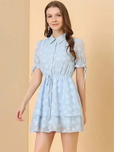 Miniatura 4 de Allegra K Peter Pan Collar Dress for Women's Floral Drawstring Chiffon Layered Shirt Dresses
