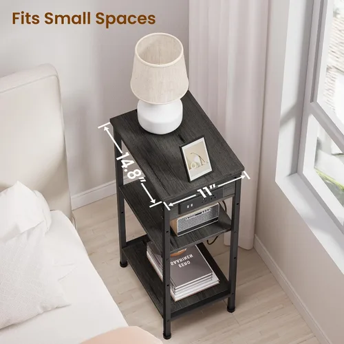 Miniatura 3 de Asgolion - Mesita alta con estación de carga, mesa auxiliar estrecha de 3 niveles con almacenamiento, mesa de noche delgada con puertos USB y tomas
